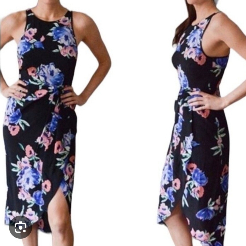 Yumi Kim 100% Silk So Social Floral Pleated Faux Wrap Tank Midi Cocktail Dress
